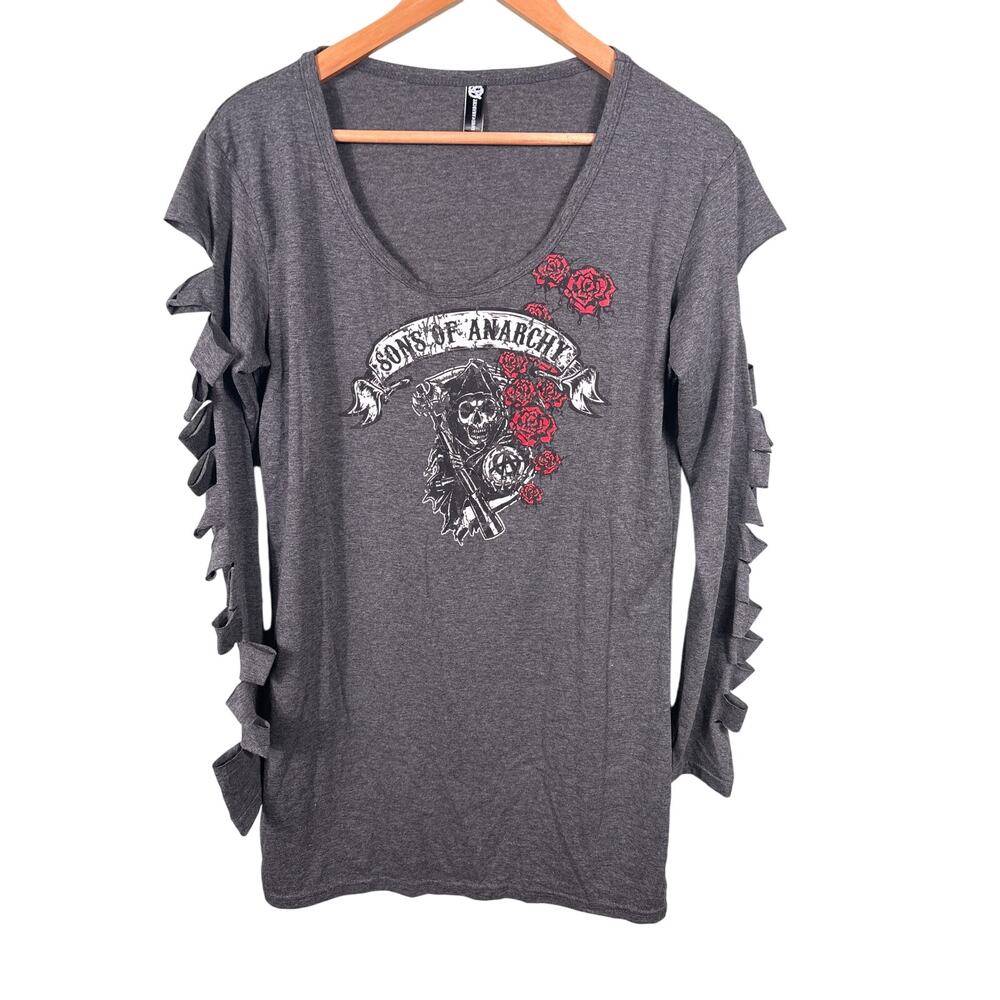 Sons of Anarchy Women's XXL Gray Scoop Neck Tattered Punk Rock Gothic Shirt Tops